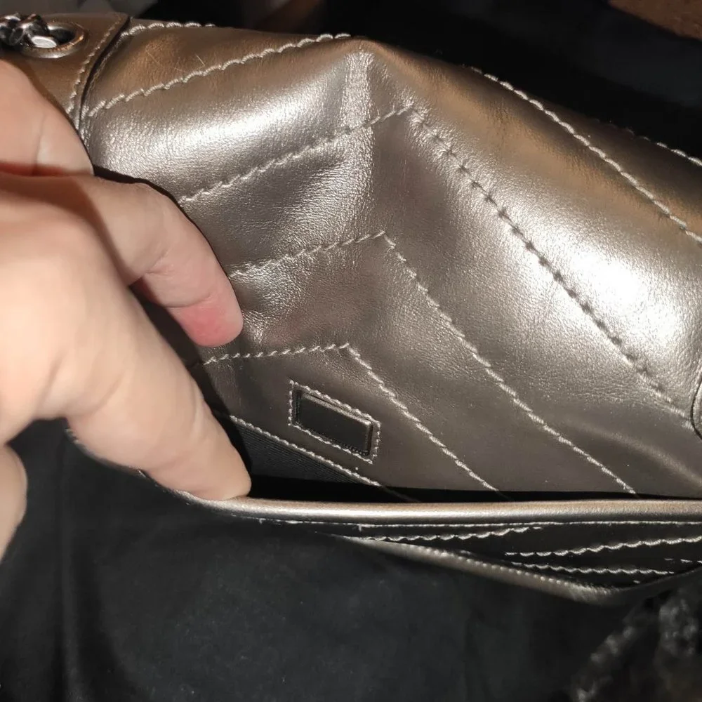 SAINT LAURENT Baby Niki Quilted Metallic Silver Leather Shoulder Bag